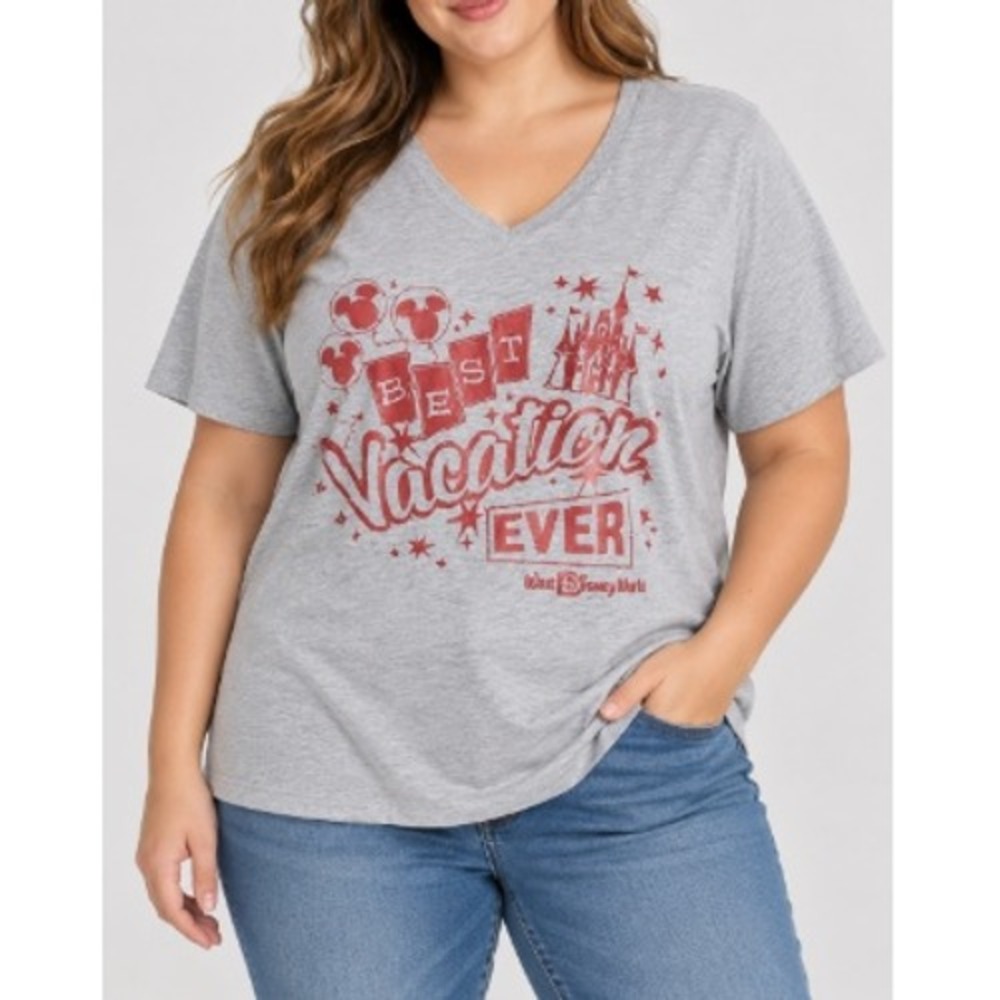 Disney Women's Gray Red Foil World Best Vacation Ever V-Neck Tshirt Size 3X
